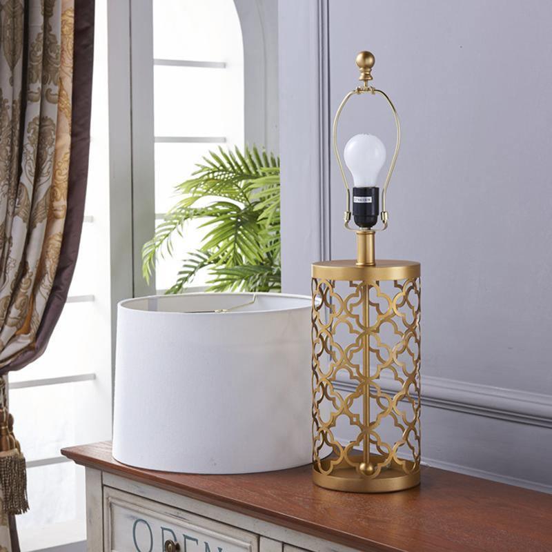 Modern Openwork Gold Metal Table Lamp with Satin Shade for Living Room and Bedroom