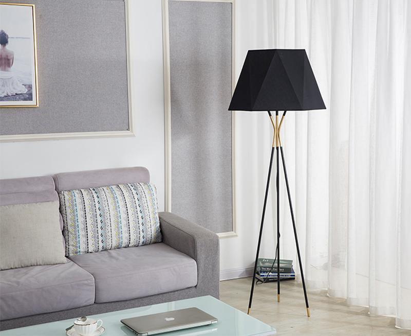 Modern Solitaire Tripod Floor Lamp with Faceted Shade and Brass Tipped Legs