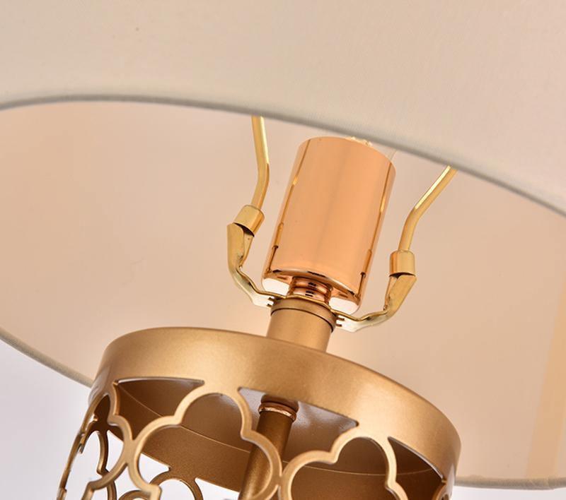 Modern Openwork Gold Metal Table Lamp with Satin Shade for Living Room and Bedroom