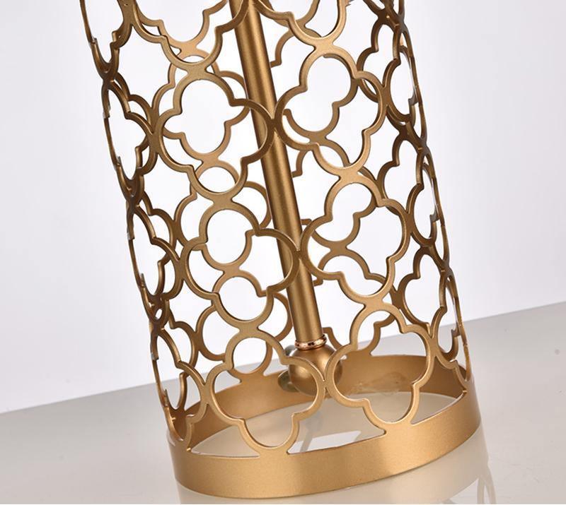 Modern Openwork Gold Metal Table Lamp with Satin Shade for Living Room and Bedroom