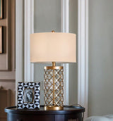Modern Openwork Gold Metal Table Lamp with Satin Shade for Living Room and Bedroom