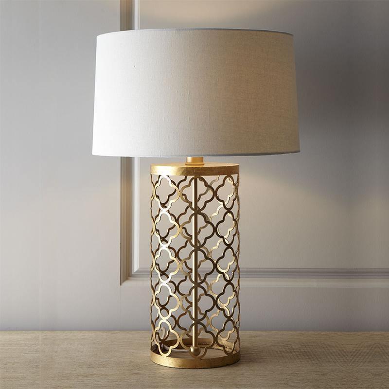 Modern Openwork Gold Metal Table Lamp with Satin Shade for Living Room and Bedroom