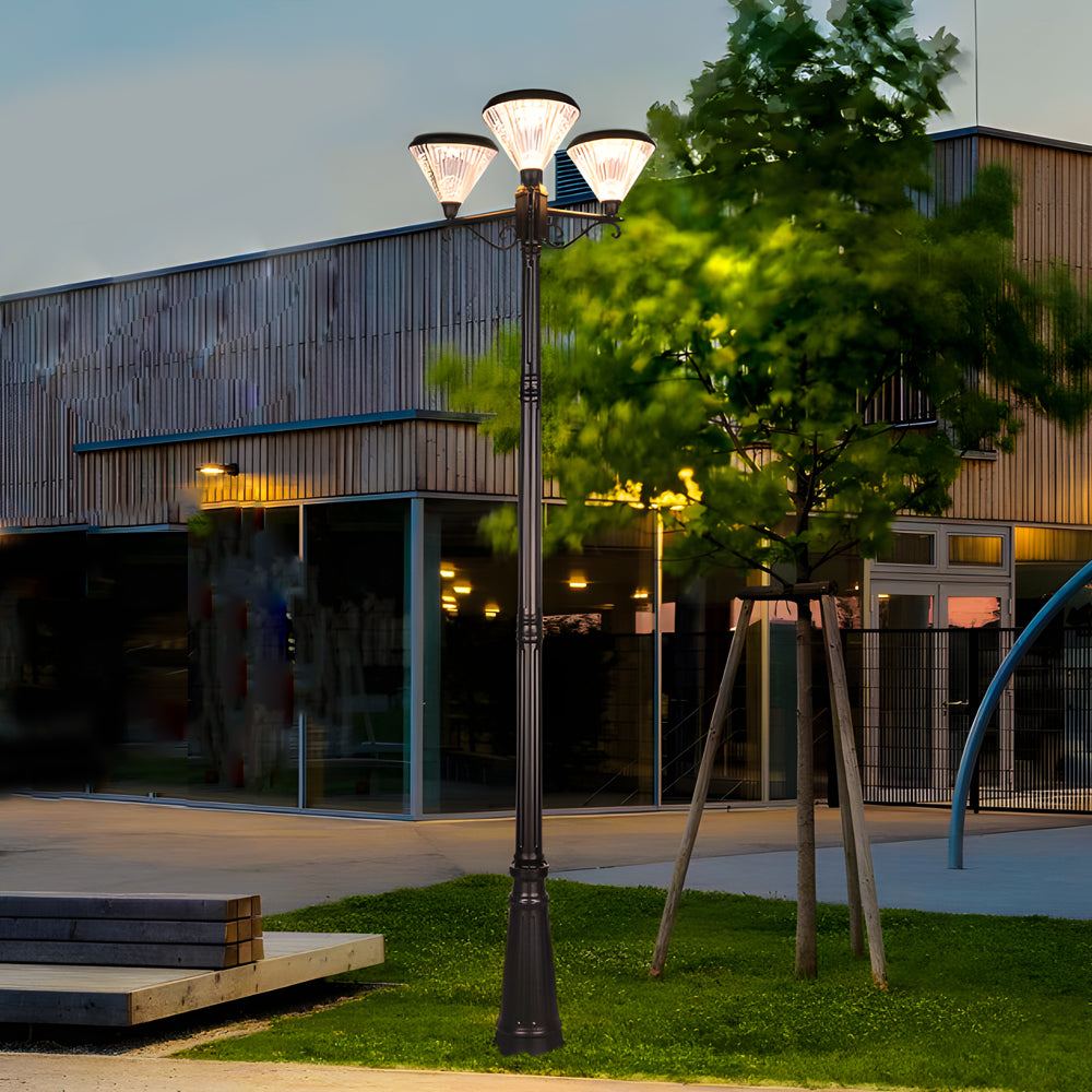 102 Inch Solar Powered Outdoor Lamp Post with 3 Lantern Heads and Aluminum Frame Black Finish