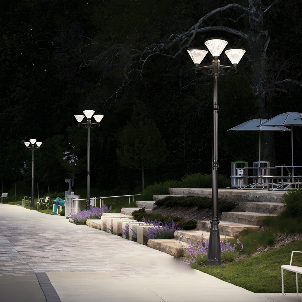 102 Inch Solar Powered Outdoor Lamp Post with 3 Lantern Heads and Aluminum Frame Black Finish