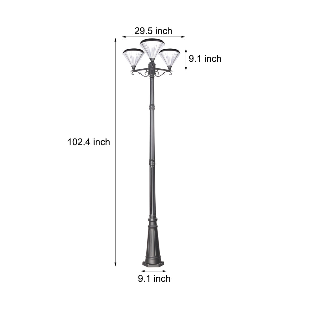 102 Inch Solar Powered Outdoor Lamp Post with 3 Lantern Heads and Aluminum Frame Black Finish