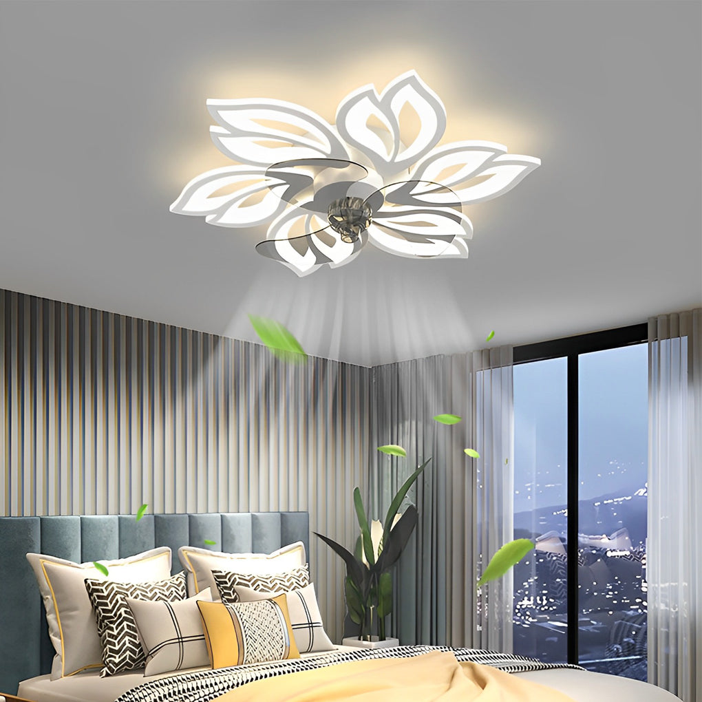 Modern Flower Flush Mount LED Ceiling Fan Smart Dimmable Low Profile Lighting for Bedroom