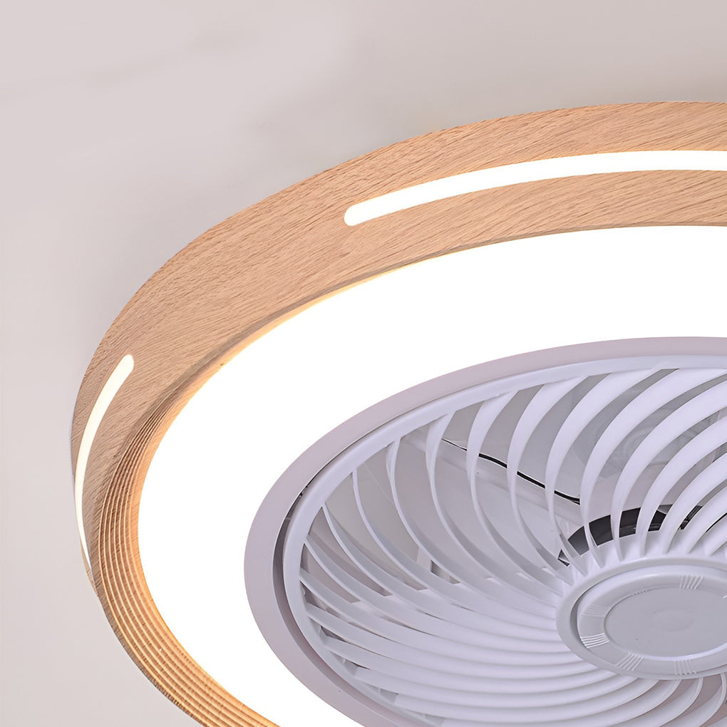 Modern Ultra Thin Bladeless Ceiling Fan with Remote Control Dimmable LED Light in Imitation Wood Grain