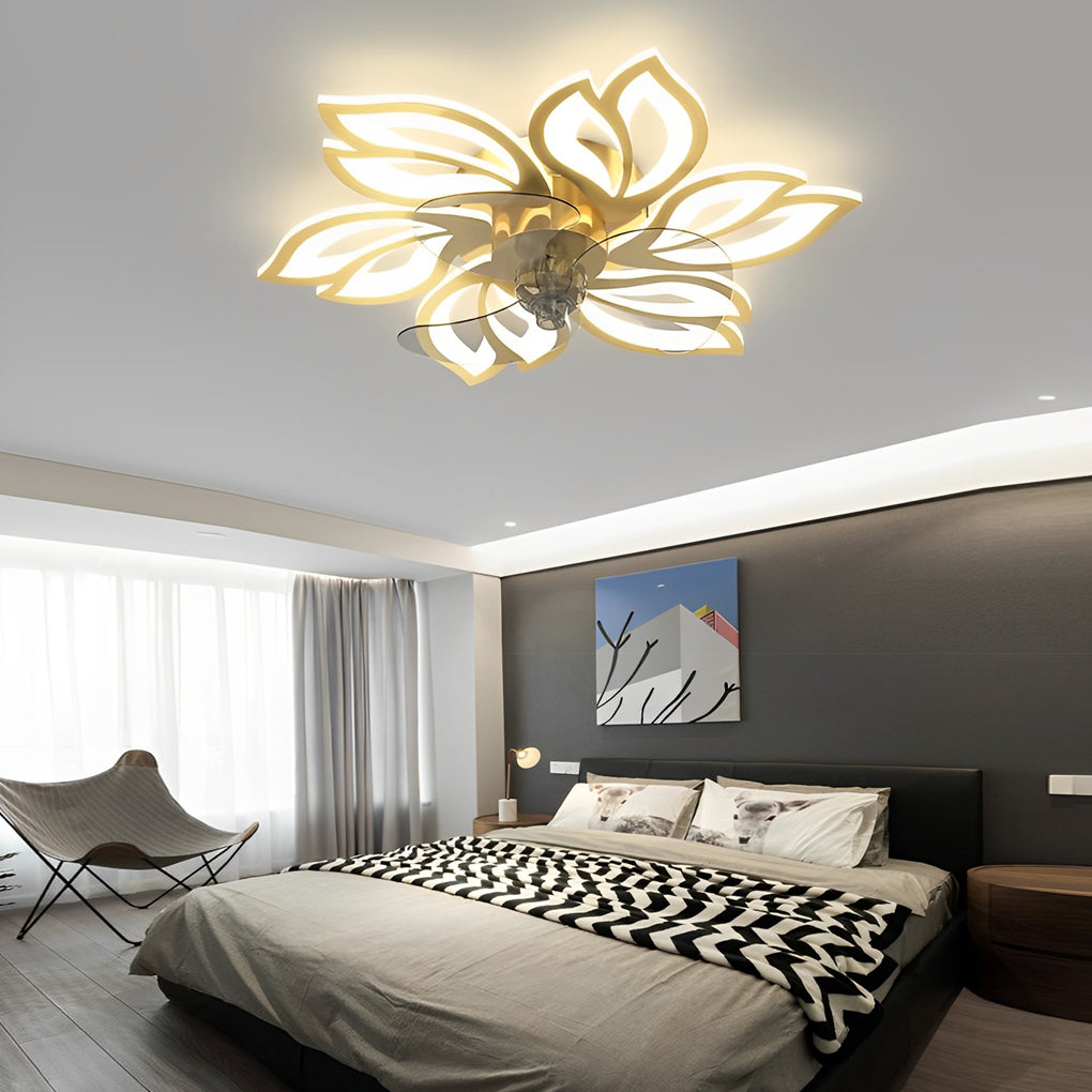 Modern Flower Flush Mount LED Ceiling Fan Smart Dimmable Low Profile Lighting for Bedroom
