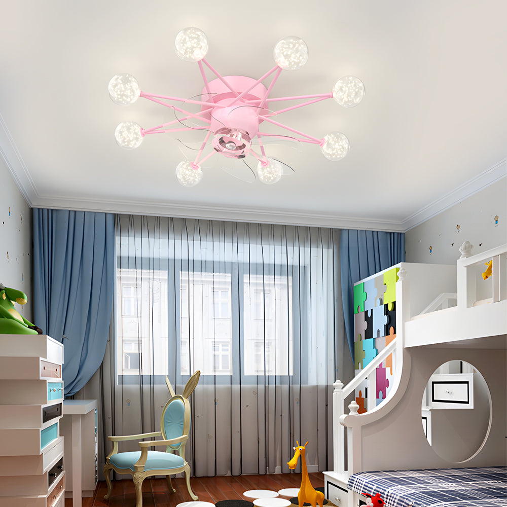 Modern Starry Design Ceiling Fan with 3 Color Dimming Light for Childrens Bedroom