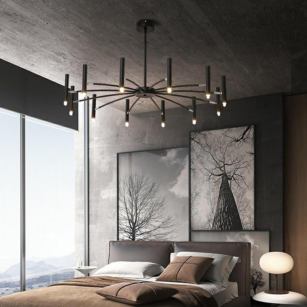 12 Light Matte Black Sputnik Chandelier Modern Metal Linear Hanging Light Fixture
