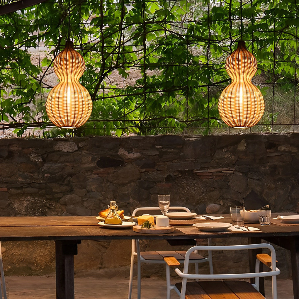Rustic Woven Rattan Gourd Outdoor Pendant Light IP65 Waterproof Exterior Hanging Lamp for Garden and Patio