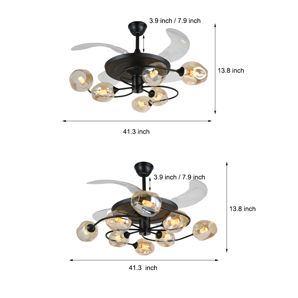 Modern 41 Inch Retractable Ceiling Fan with 4 Blades and Colored Glass Shades for Living Room