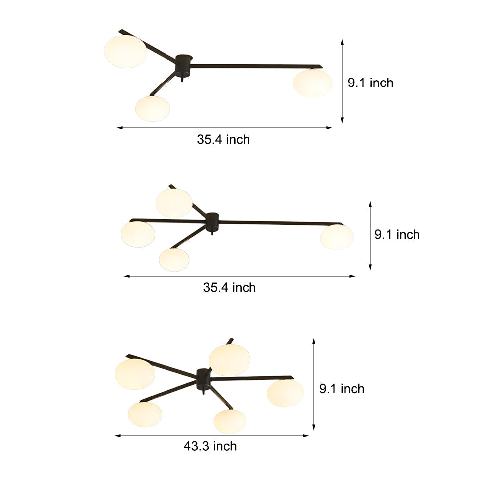 Modern White Glass Globe Semi Flush Mount Ceiling Light with Black Iron Arms