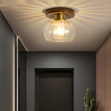 American Country Style Walnut Wood and Glass Flush Mount Ceiling Light Fixture