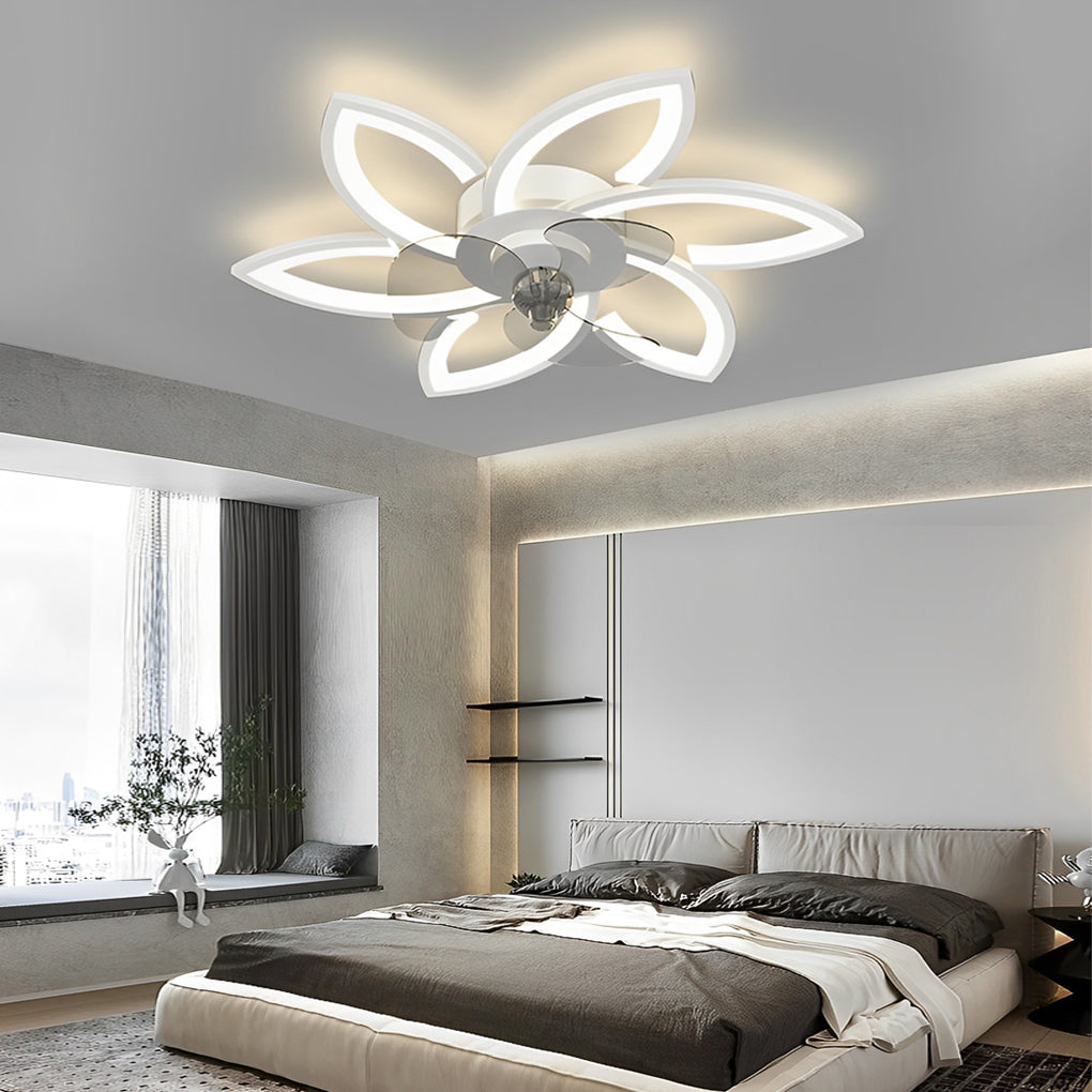 Modern Flower Flush Mount LED Ceiling Fan Smart Dimmable Low Profile Lighting for Bedroom