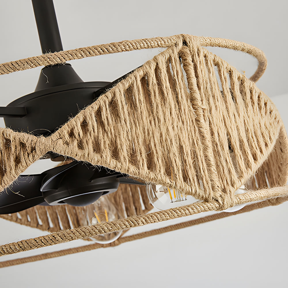 20 Inch Rustic Hemp Rope Woven Caged Ceiling Fan with Light 6 Speed Remote Control for Bedroom