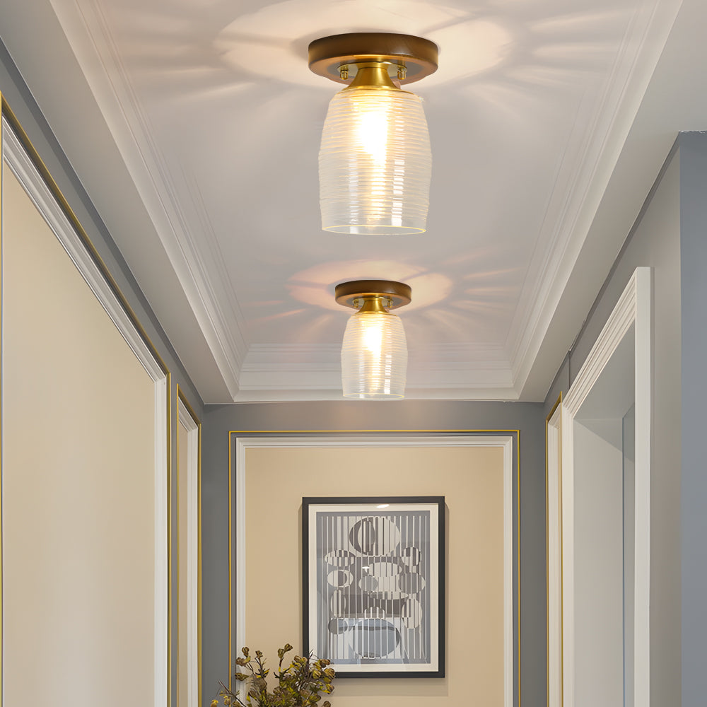 American Country Style Walnut Wood and Glass Flush Mount Ceiling Light Fixture
