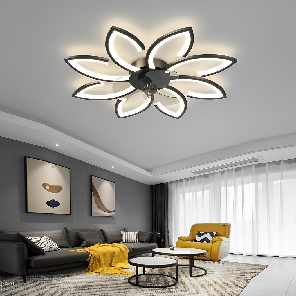 Modern Flower Flush Mount LED Ceiling Fan Smart Dimmable Low Profile Lighting for Bedroom