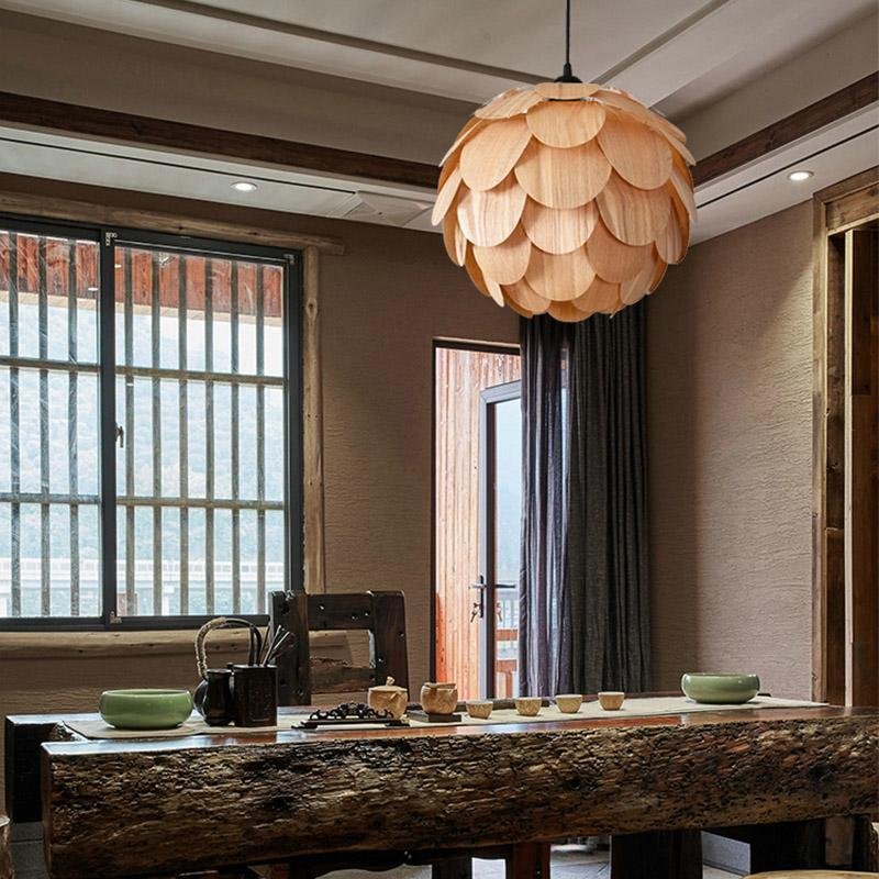 15 Inch Rustic Pineapple Ash Wood Pendant Light Handcrafted Wooden Hanging Lamp for Kitchen Island