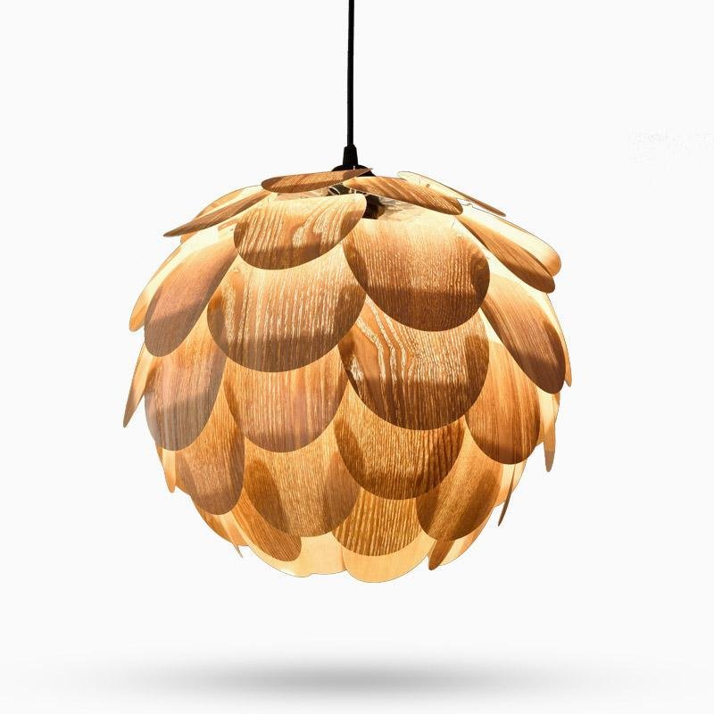 15 Inch Rustic Pineapple Ash Wood Pendant Light Handcrafted Wooden Hanging Lamp for Kitchen Island