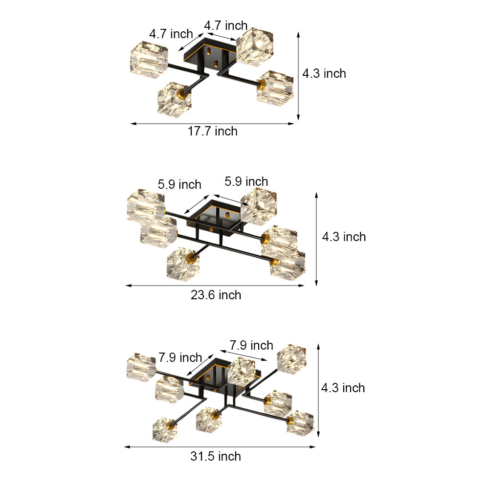 Modern Copper Crystal Cube Ceiling Light Semi Flush Mount for Living Room and Bedroom