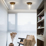 American Country Style Walnut Wood and Glass Flush Mount Ceiling Light Fixture