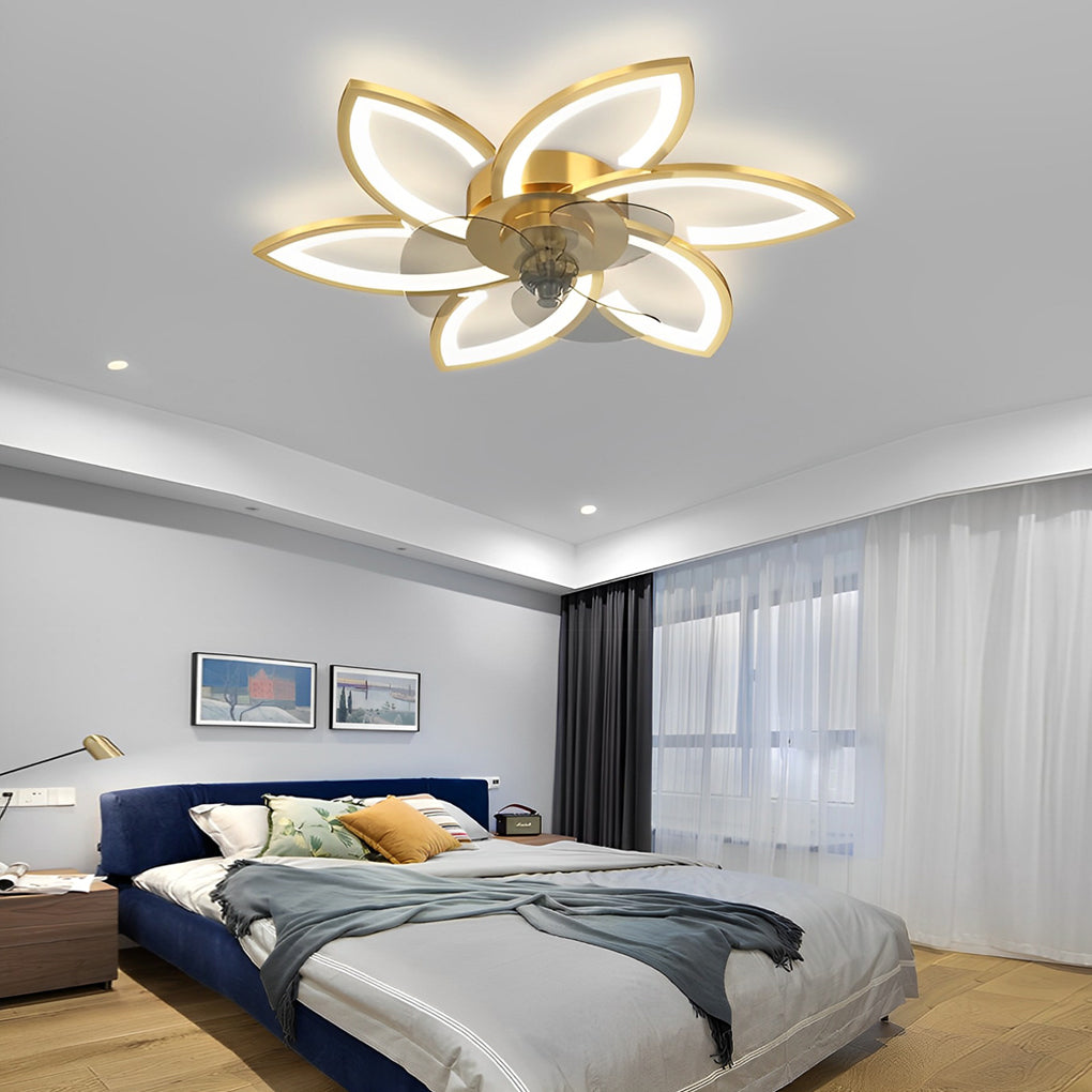 Modern Flower Flush Mount LED Ceiling Fan Smart Dimmable Low Profile Lighting for Bedroom