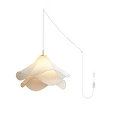 white-pleated-fabric-plug-in-pendant-light-gold-hardware-elegant-floral-hanging-lamp