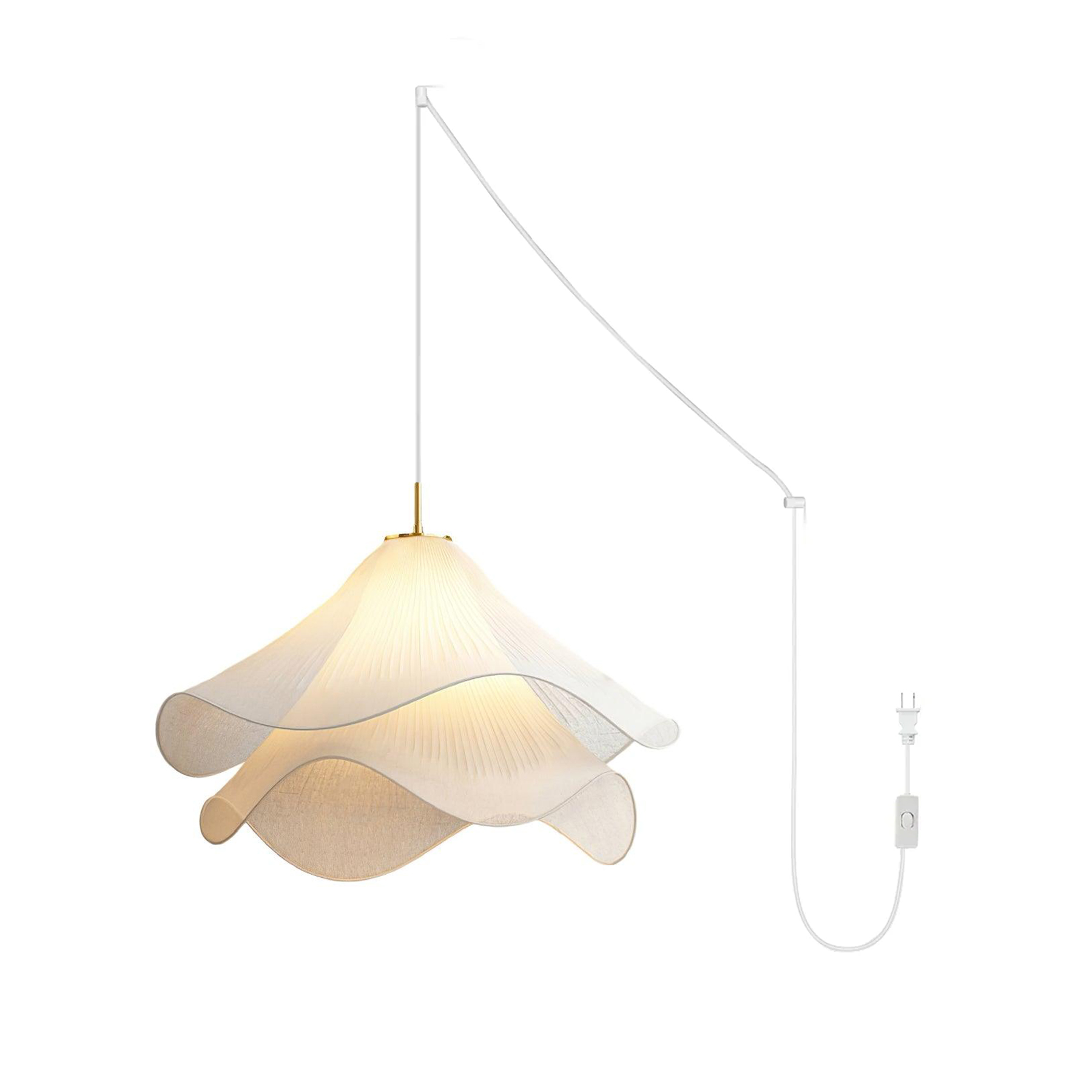 white-pleated-fabric-plug-in-pendant-light-gold-hardware-elegant-floral-hanging-lamp