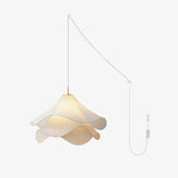 white-pleated-fabric-plug-in-pendant-light-gold-hardware-elegant-floral-hanging-lamp