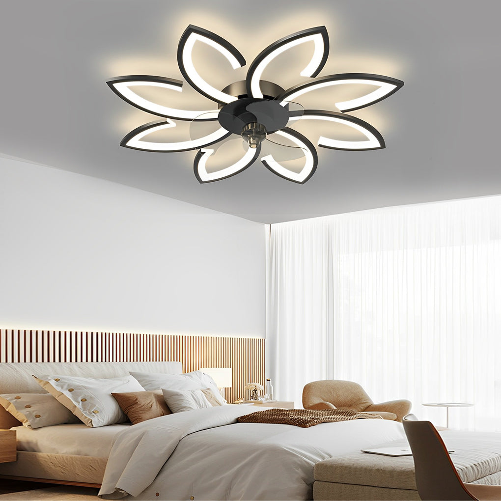 Modern Flower Flush Mount LED Ceiling Fan Smart Dimmable Low Profile Lighting for Bedroom