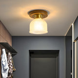 American Country Style Walnut Wood and Glass Flush Mount Ceiling Light Fixture