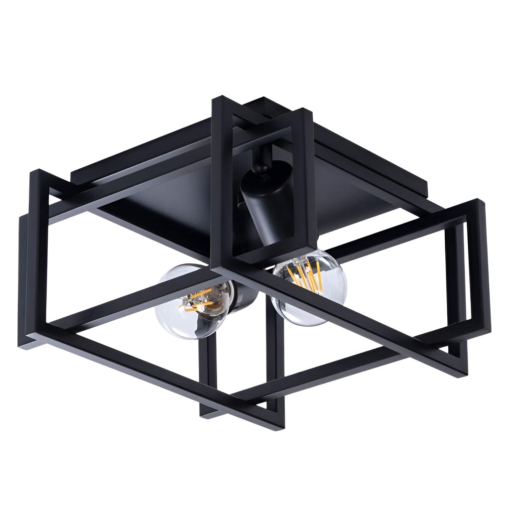 Modern Industrial Square Iron Lantern Flush Mount Ceiling Light Metal Cage Fixture in Black