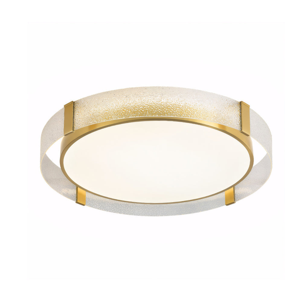 Modern Copper LED Flush Mount Ceiling Light with Water Ripple Glass Drum Shade Gold Finish