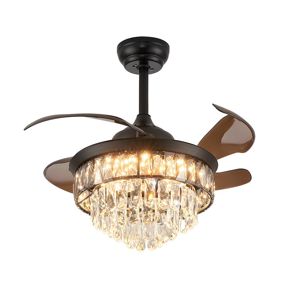 20 Inch Matte Black Crystal Fandelier Retractable Ceiling Fan with LED Lights and Remote Control