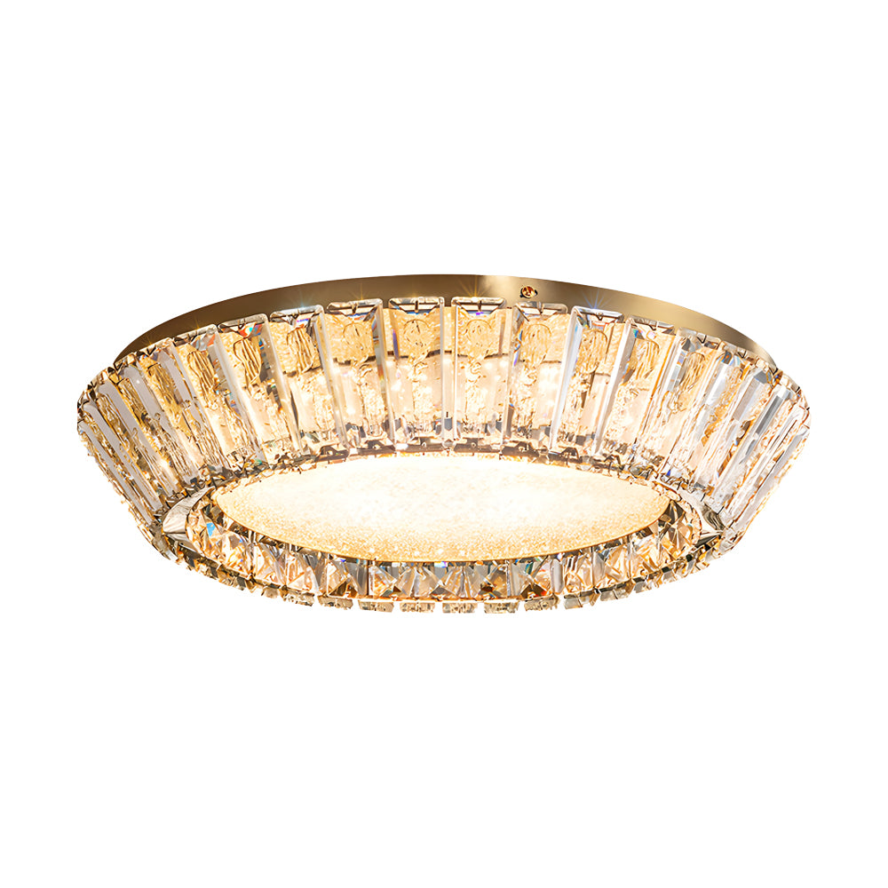 Modern Crystal Drum Flush Mount Ceiling Light Titanium Gold LED Chandelier with Quicksand Detail