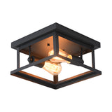 Industrial Square Metal Ceiling Lamp Rustic Black Iron Frame Flush Mount Light for Farmhouse Bedroom and Entryway