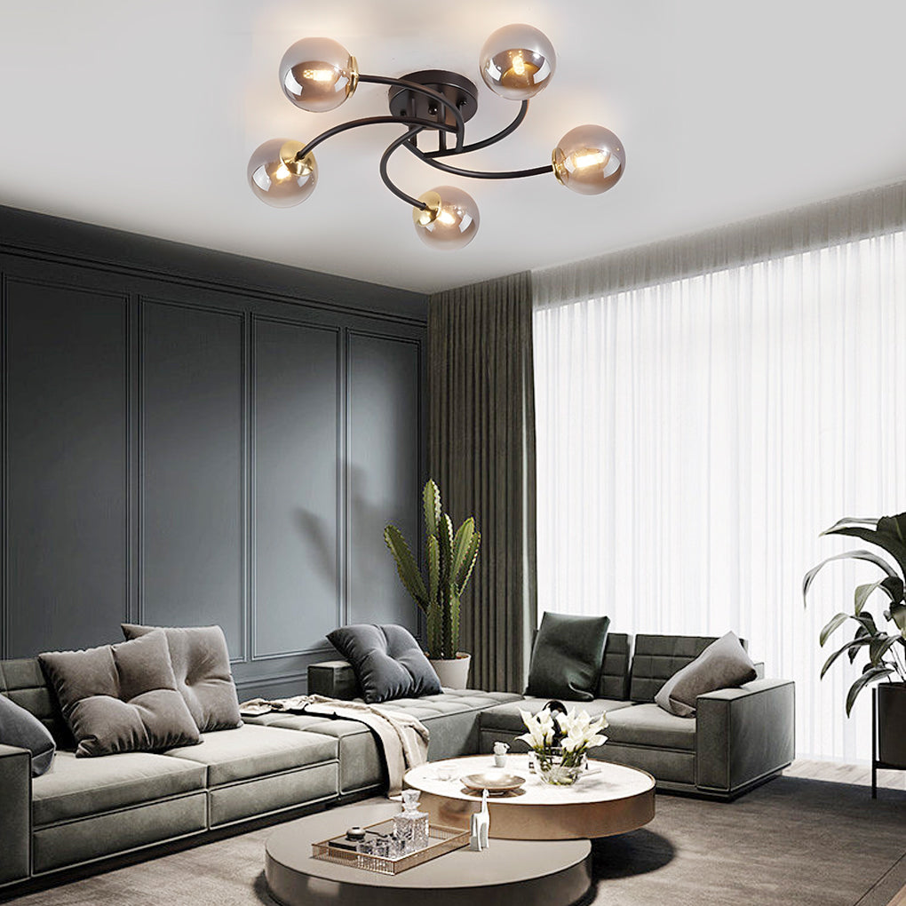 Modern Swirled Metal Flush Mount Light with Elegant Glass Globes for Ambient Bedroom Lighting