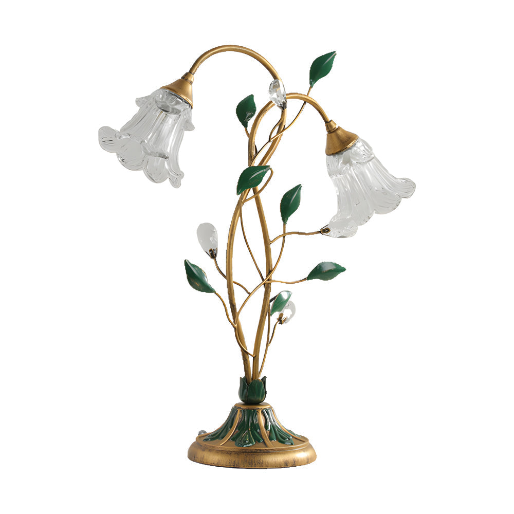 Modern Floral Desk Lamp with Dual Glass Flower Shades and Elegant Iron Leaf Accents