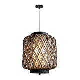 Hand Woven Rattan Outdoor Chandelier Waterproof Rustic Hanging Pendant Light for Garden Patio Yard