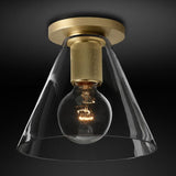 Modern Industrial Brass Flush Mount Ceiling Light with Clear Glass Shade and Knurled Detail