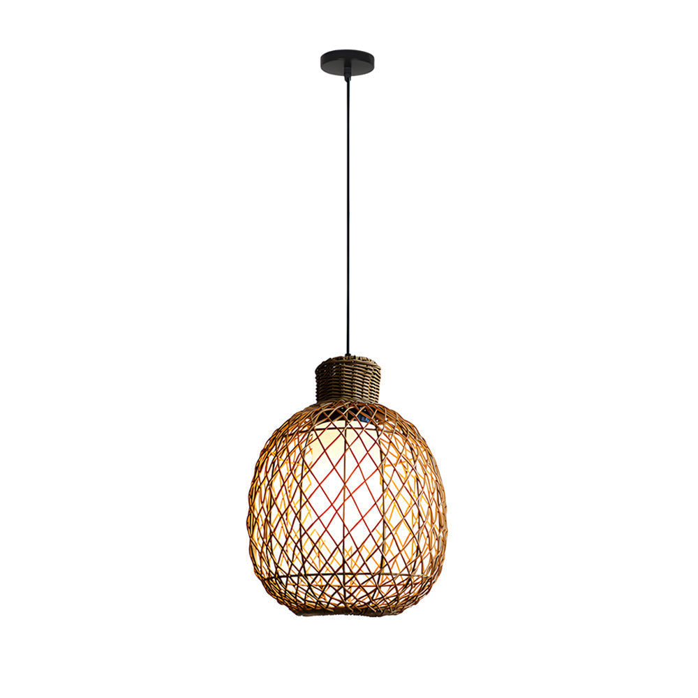 Rustic Modern Outdoor Rattan Pendant Light 10W LED Waterproof Ceiling Hanging Lantern for Garden and Porch