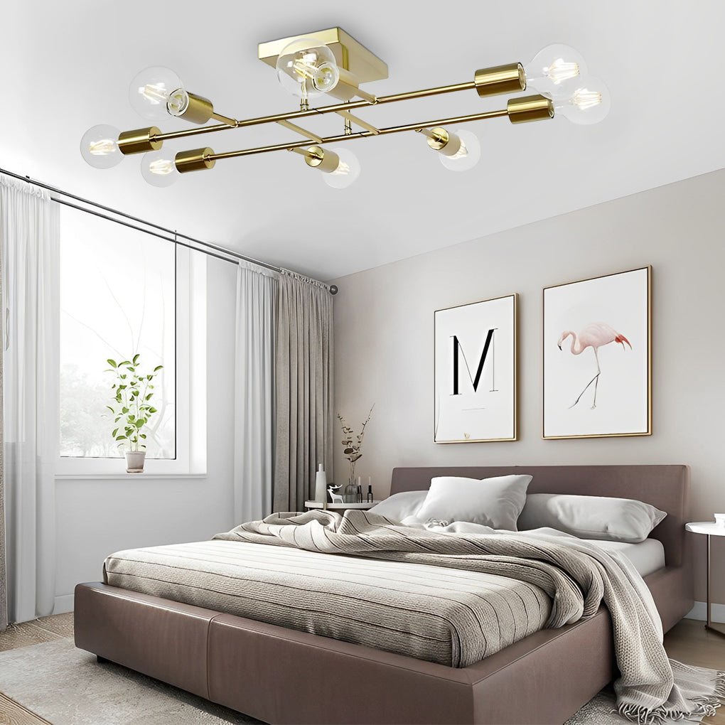 Vintage 8 Light Antique Brass Semi Flush Mount Ceiling Fixture with Geometric Industrial Metal Design