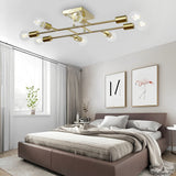 Vintage 8 Light Antique Brass Semi Flush Mount Ceiling Fixture with Geometric Industrial Metal Design