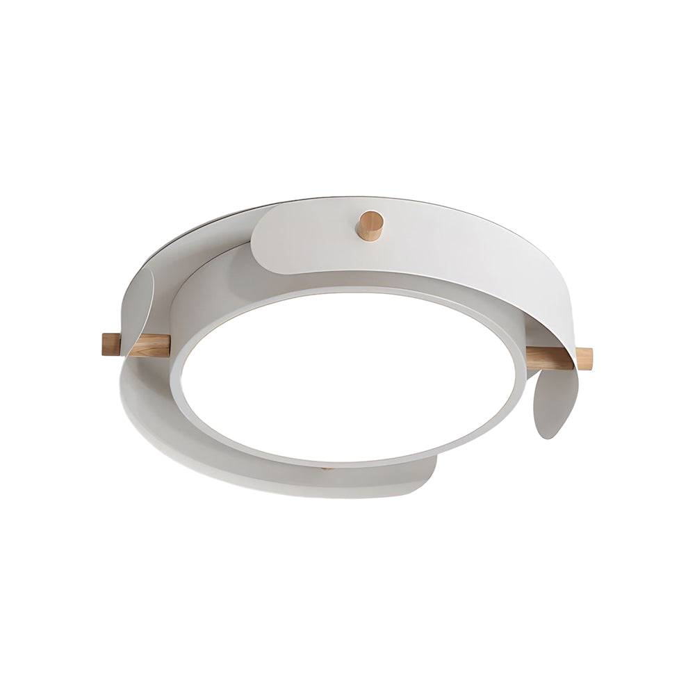 Modern White Iron and Rubber Wood Round Drum Flush Mount LED Ceiling Light Fixture