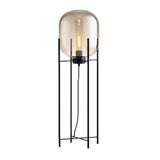 Modern Industrial Floor Lamp with Hand Blown Smoke Glass Shade and Black Metal Frame