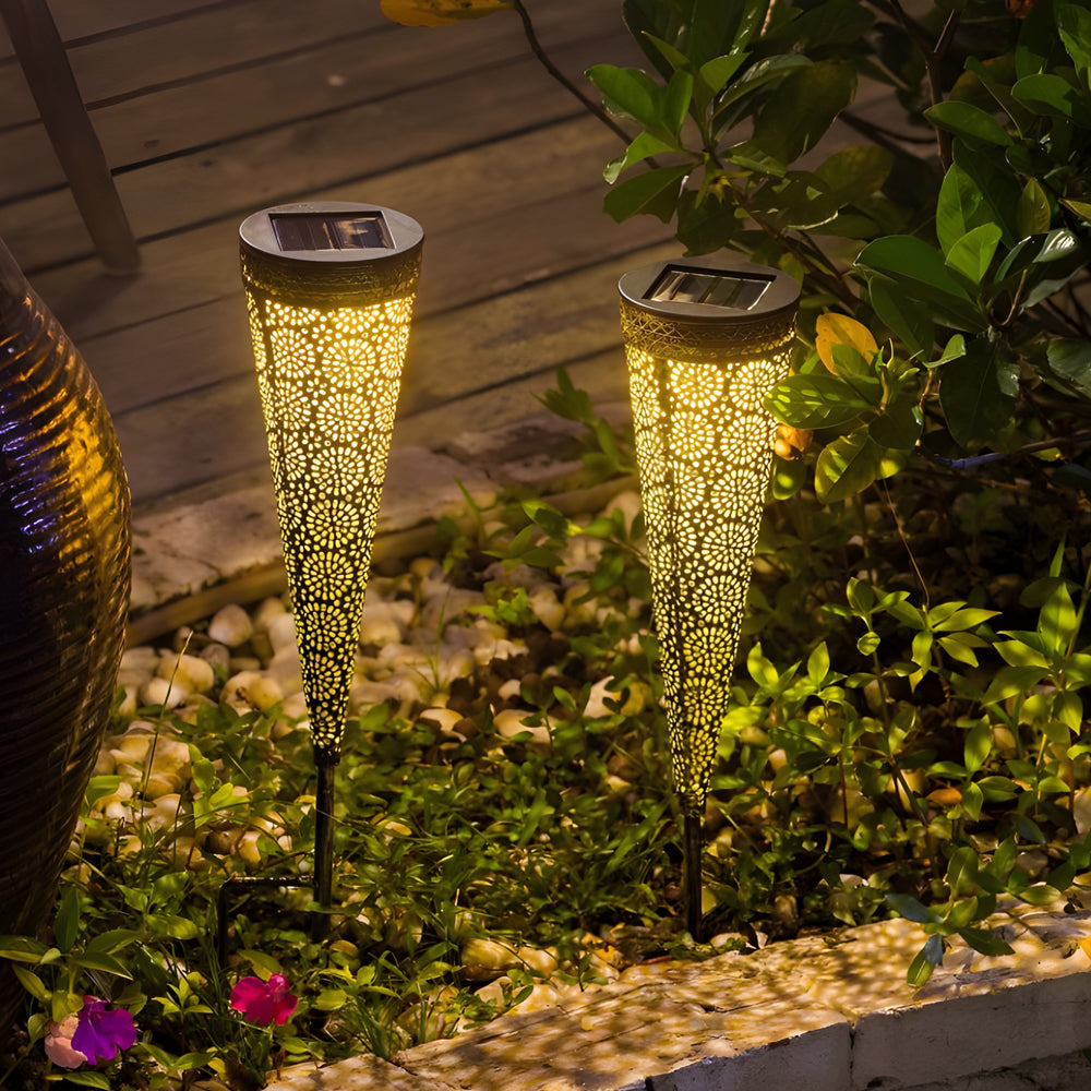 2 Pack Conical Hollow Metal Solar Garden Stake Lights for Pathway and Landscape Decoration
