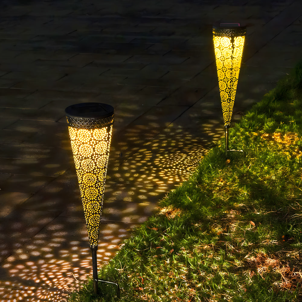2 Pack Conical Hollow Metal Solar Garden Stake Lights for Pathway and Landscape Decoration