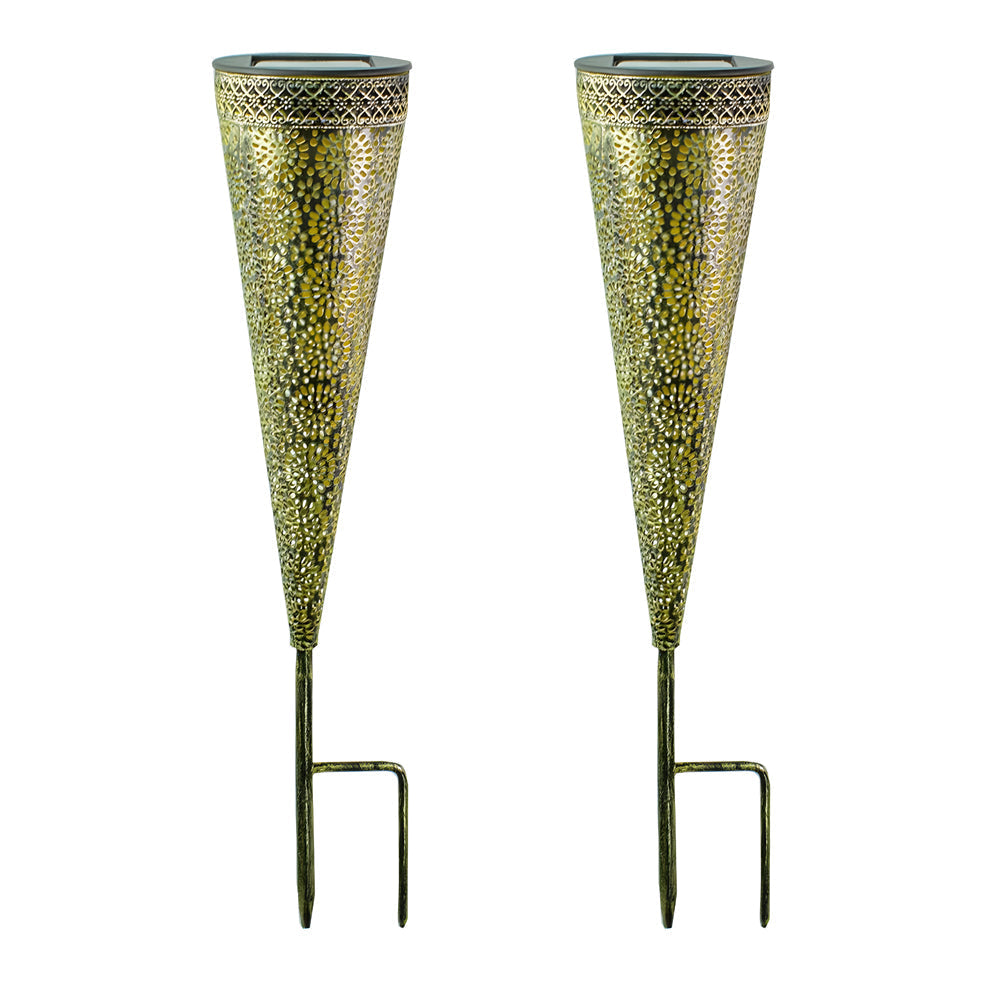 2 Pack Conical Hollow Metal Solar Garden Stake Lights for Pathway and Landscape Decoration
