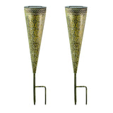 2 Pack Conical Hollow Metal Solar Garden Stake Lights for Pathway and Landscape Decoration